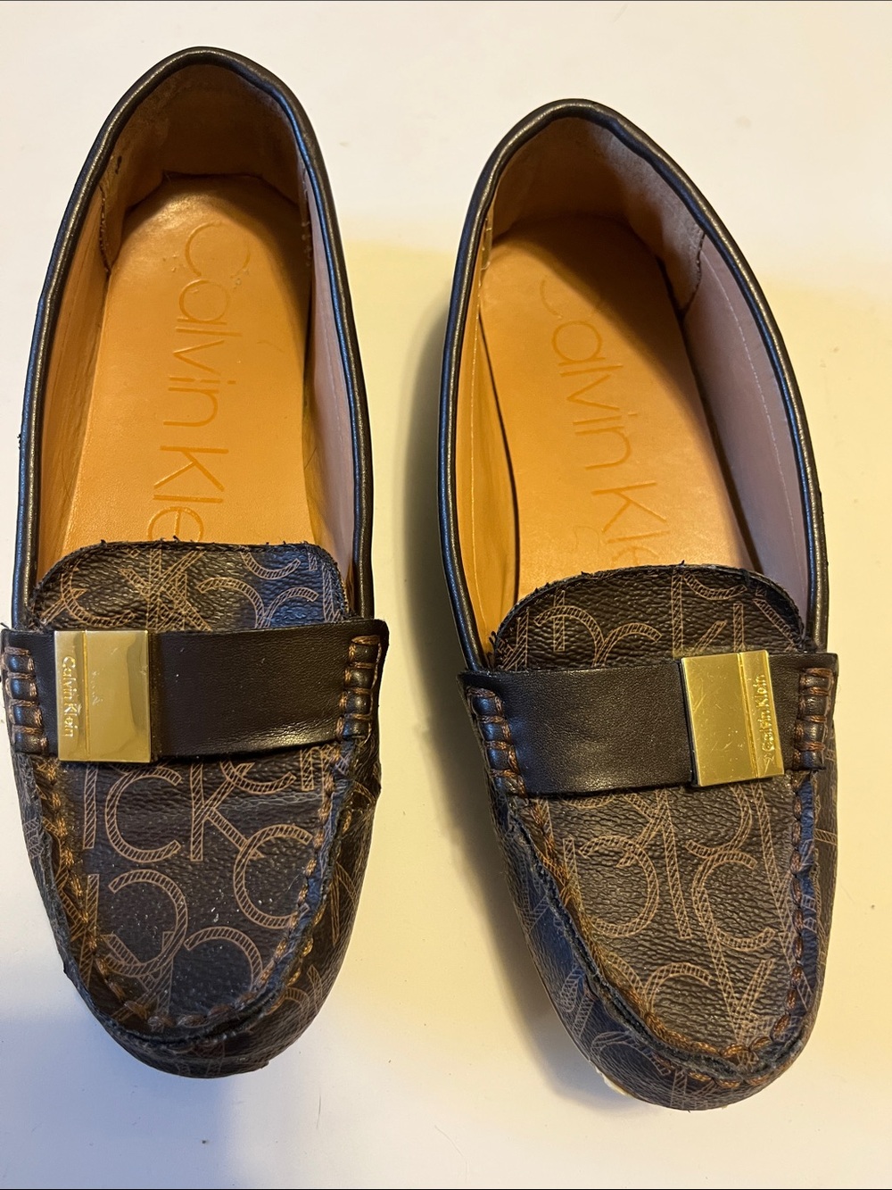 Calvin Klein Lisa Dark Brown Monogram Loafers with Gold Accent - Picture 2 of 9
